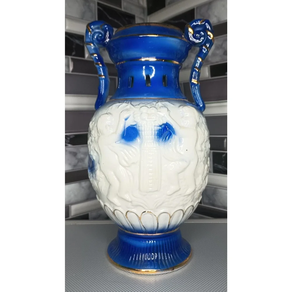 Vintage Cobalt Blue Cherub Angel Porcelain Urn Vase Gold Trim Handles Ceramic